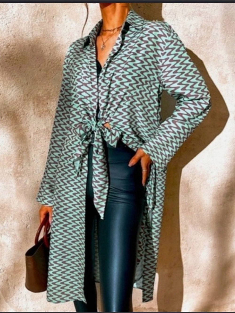 Zara 100% Cotton Mint Green & Black Chevron Tie-Front Long Shirt